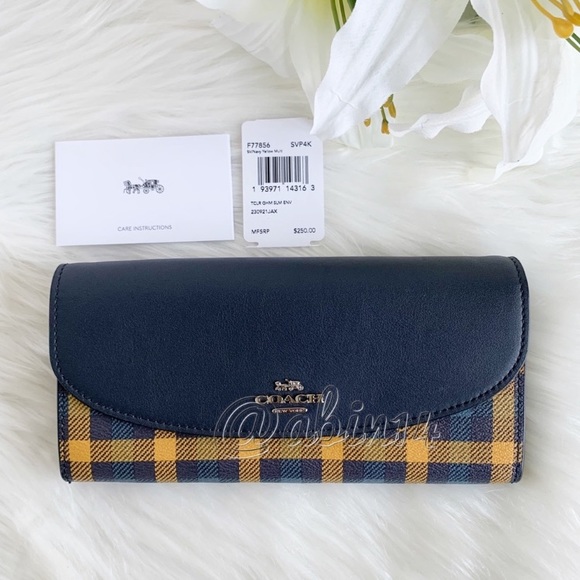 NWT Coach Leather Canvas Envelope Wallet with Gingham Print Blue Yellow - Picture 9 of 9